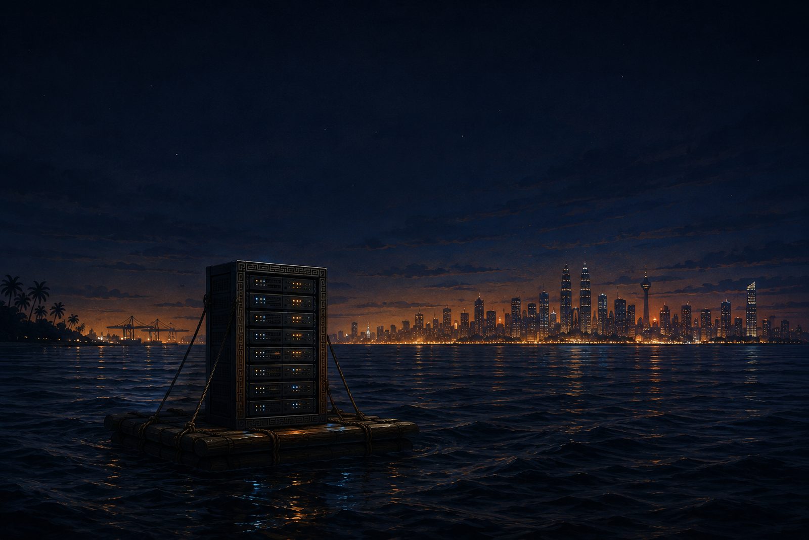 A server rack lashed to a raft, adrift at night off a lit city skyline